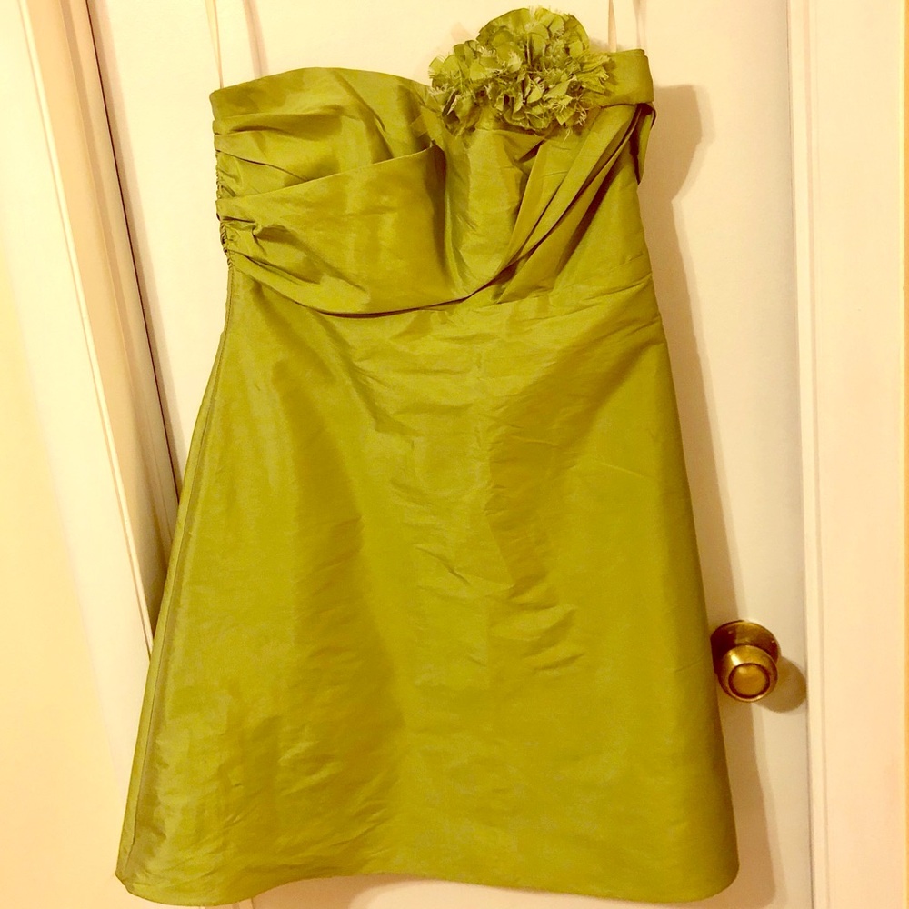 Jim Hjelm iridescent olive green strapless dress